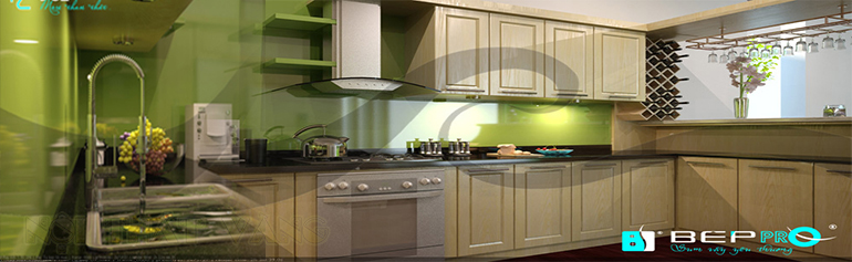 Tủ bếp Laminate - Kính màu xanh