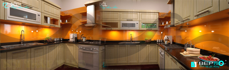 Tủ bếp Laminate - Kính màu vàng